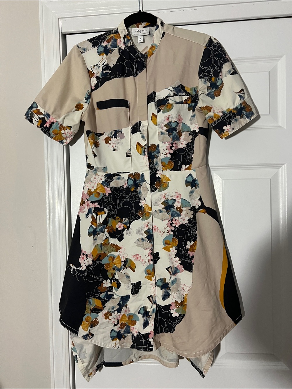 Patchwork Floral High-Low Shirt Dress - Beige/Black